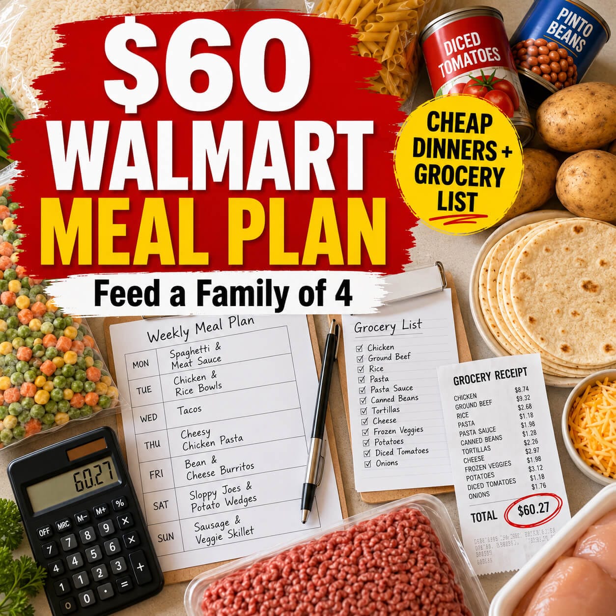Walmart Meal Plan for 4 People $60 Grocery List and Cheap Dinners