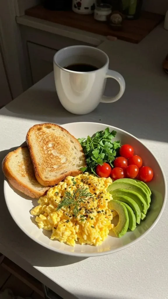 Scrambled Eggs with Toast and Fruit