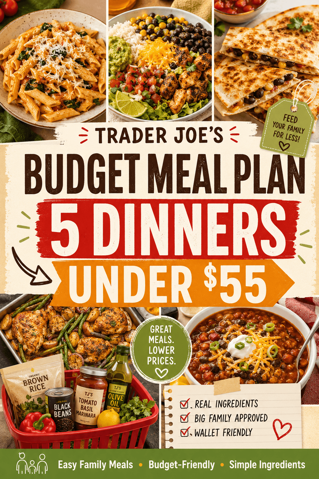 Trader Joe's Budget Meal Plan 5 Dinners for Under $55