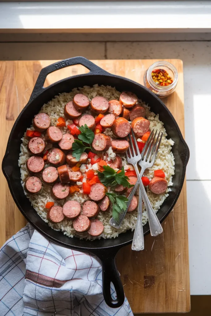 one pot sausage rice skillet easy dinner