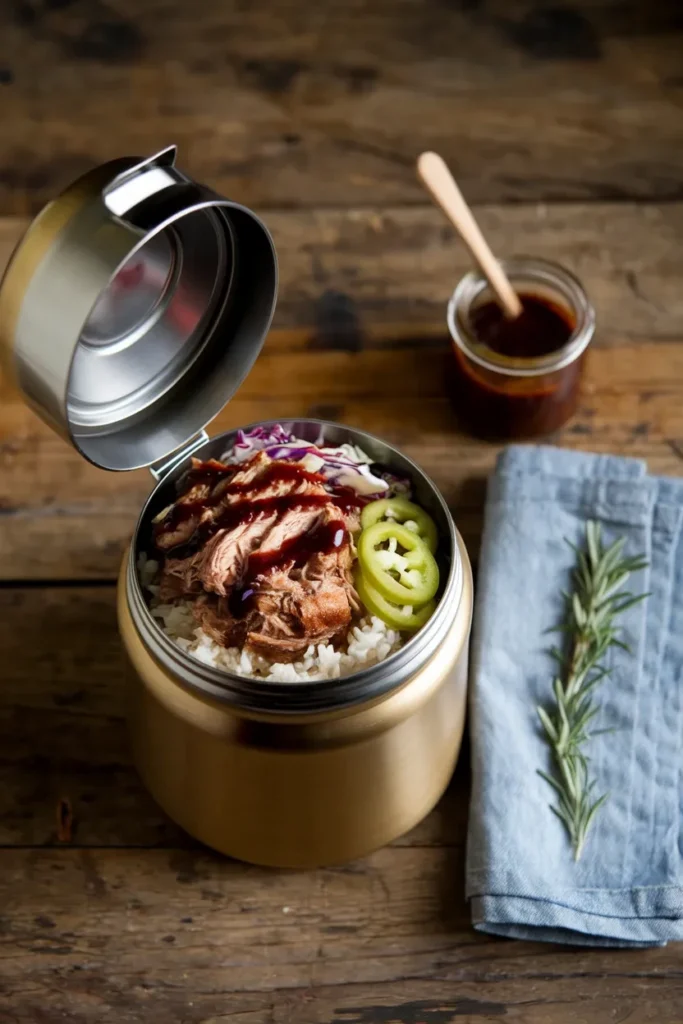 thermos meals for work pulled pork rice bowl